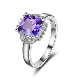 润培 铜电镀白k镶嵌方形紫锆石女式戒指 饰品制造商 厂家*