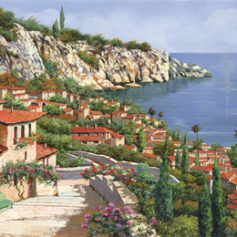 欧式油画定制地中海风景别墅客厅挂画过道壁画玄关竖版装饰画