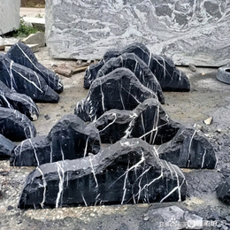 园林 景观黑山石 大型加工 黑白纹石材 假山水钵切片加工定制